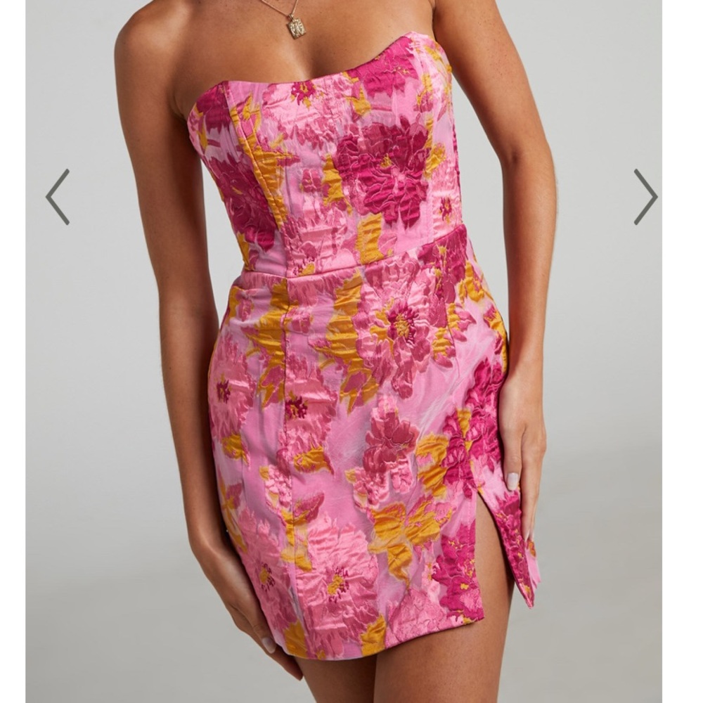 Brailey Strapless Mini Dress in Pink Jacquard SHOWPO